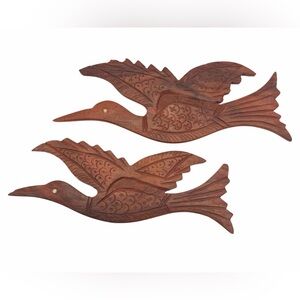 VTG Hand Carved Wood Flying Birds Wall Hanging Set of 2 Rustic Wall Decor MCM